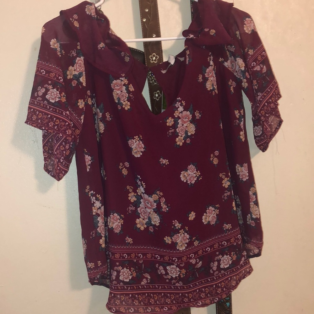 flowered burgundy off shoulder blouse